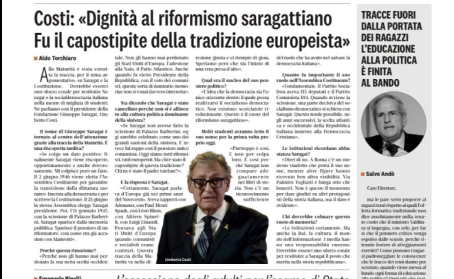 Costi: «Dignità al rifor­mi­smo sara­gat­tiano. Fu il capo­sti­pite della tra­di­zione euro­pei­sta»